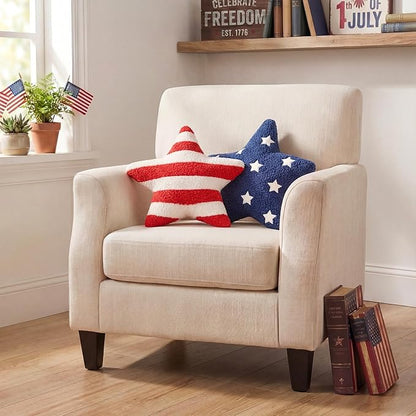 2 Pcs 4th of July Decorations 13x13" Star Throw Pillows, Rustic Patriotic Red White Blue Teddy Fleece Pillows with Star Embroidery & Flag Stripes, Americana Farmhouse Decor for July 4th Memorial Day