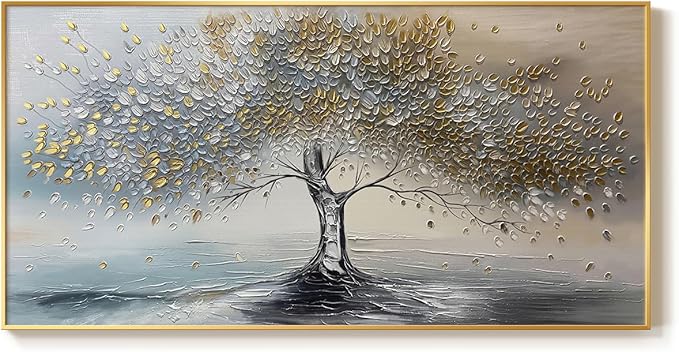 Large Gold Framed Tree of Life Wall Art for Living Room, Modern Abstract Blue Golden Tree Canvas Painting Prints, Luxury Artwork for Bedroom Hallway Kitchen Dining Room Office Wall Decor, 60x30 Inch