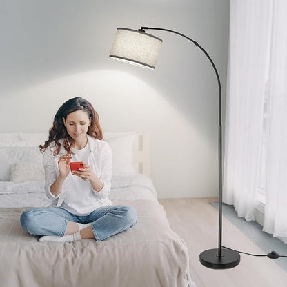 DWTB Black Arc Floor Lamps for Living Room,Modern Standing Lamp with Adjustable Drum Lampshade Tall Pole Lamp with Foot Switch Over Couch Arched Floor Light for Reading Bedroom 8W LED Bulb Included