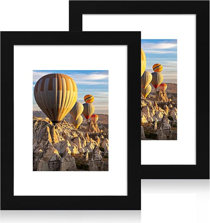iRahmen 9x12 Picture Frame with Mat 6x8 - High Definition Tempered Glass Wooden Photo Frames for Tabletop Display and Wall Mounting (Pure Black, Set of 2)