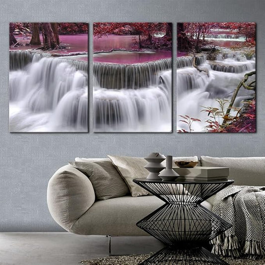 Pacimo Red Forest Canvas Wall Art 3-Piece Waterfall Canvas Print Set - Landscape - 20"x28"x3 Panel - Ready to Hang - Home & Office Decor
