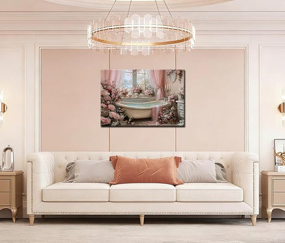 Frimeeme Vintage Pink Roses Bathtub Canvas Wall Art, Luxury Floral Bathroom Decor, for Bathroom Farmhouse Laundry Room Powder Room,16x24 Inches, Framed