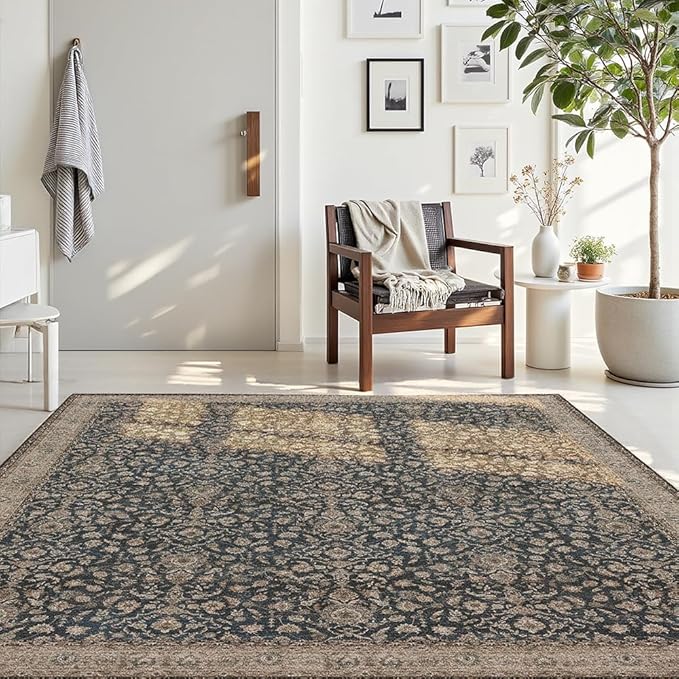 5x7 Area Rugs Dark Green Washable Rug for Living Room, Dining Room, Bedroom, Large Carpets, Non Slip & Non-Shedding Low Pile Vintage Print Rug for Home Office Decor