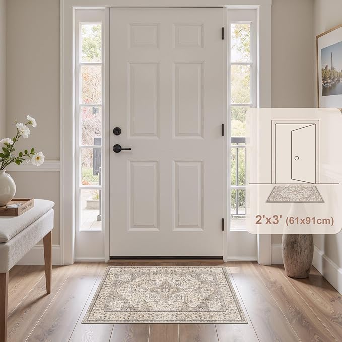 EIEIHOUSE Washable Area Rugs for Living Room -2x3 Neutral Vintage Distressed Floral Farmhouse Boho Large Soft Floor Rug Indoor Non Slip Carpet for Bedroom Dining Room Office - Brown/Multi