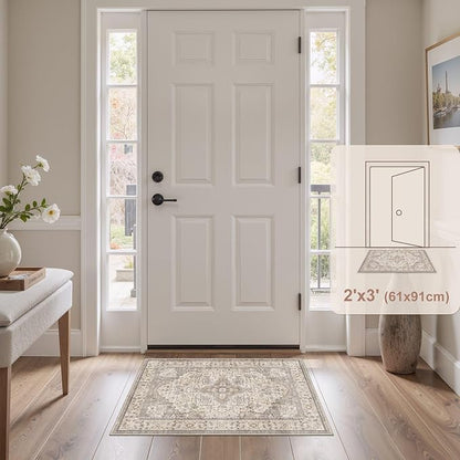 EIEIHOUSE Washable Area Rugs for Living Room -2x3 Neutral Vintage Distressed Floral Farmhouse Boho Large Soft Floor Rug Indoor Non Slip Carpet for Bedroom Dining Room Office - Brown/Multi