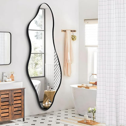 Large Irregular Mirror, 63"x30" Asymmetrical Aesthetic Wall Mirror with Metal Frame, Modern Organic Shaped Mirrors for Living Room Bedroom Hallway Entryway, Hangs Vertically or Horizontally