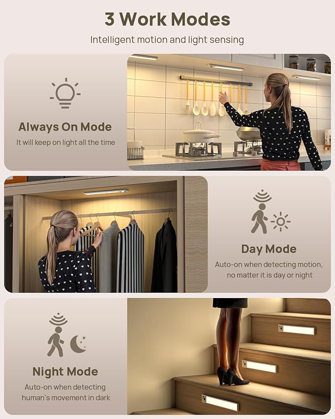 Under Cabinet Lighting with Remote, 12" Motion Sensor Light Indoor, Rechargeable LED Closet Light Wireless, 3 Color Temps & Dimmable, Magnetic Under Counter Lights for Kitchen, Stairs, Pantry, 5 Pack