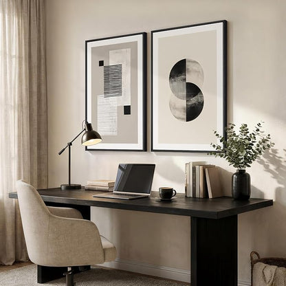 Large Framed Black and White Neutral Abstract Wall Art for Living Room, 2 Piece Modern Canvas Prints Artwork for Walls, Beige Minimalist Geometric Pictures for Bedroom Hallway Wall Decor 24x36 In