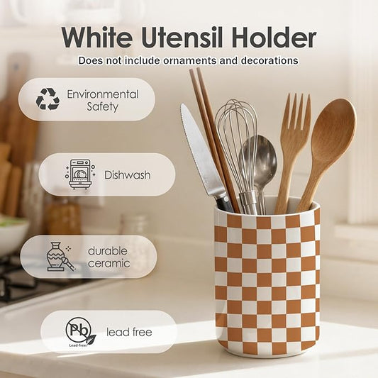 Checkered Utensil Holder,Ceramic Spatula Holder,Countertop Ceramic Utensil Holder,Large Cooking Utensil Crocks for Kitchen Counter Decor,Vase for Kitchen Utensils,H6.3 xD4.7(Brown and white)