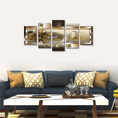 5 Panel Yellow Orchid Flowers Canvas Print - Abstract Golden Floral Wall Decor Poster, 5 pieces Wall Art Painting Decor for Home Decoration Artwork Picture Bedroom Wall Decor (D,Oversize 60x30inch)