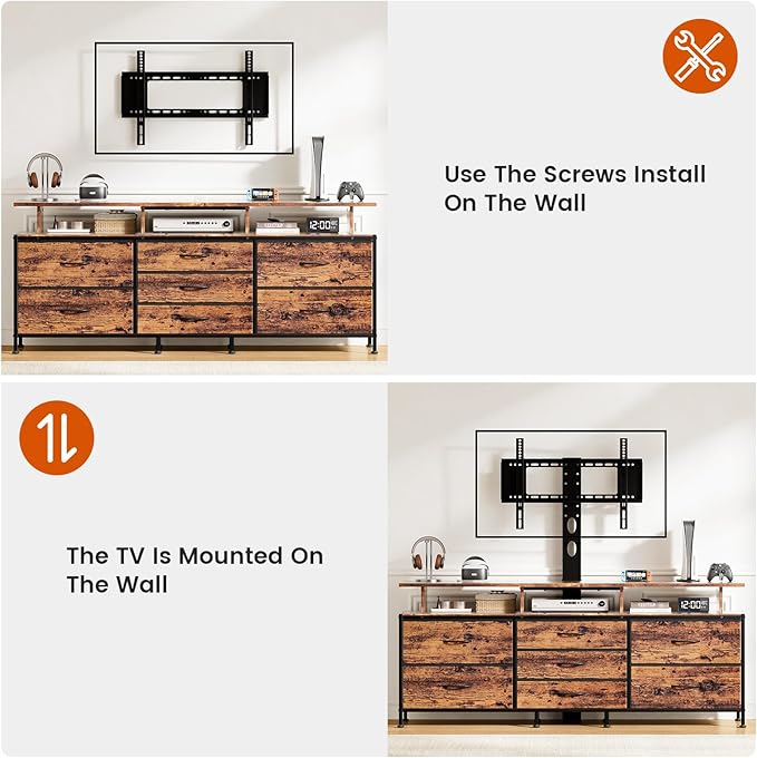 REAHOME TV Stand with Mount, 63" Entertainment Center for 32/45/55/60/65/70 inch TVs, Media Console Table with 7 Drawers, Height Adjustable Mount, Dresser TV Stand for Living Room, Rustic Brown