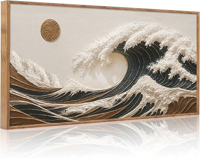 HLNIUC Boho Sea Great Wave Framed Canvas Wall Art,Vintage Japanese Ocean Horizontal Wall Decor,Large Abstract Nature Artwork(40x20),Neutral Sun Seascape Prints for Living Room,Bedroom,Office