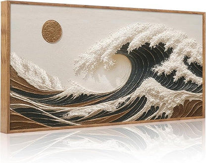 HLNIUC Boho Sea Great Wave Framed Canvas Wall Art,Vintage Japanese Ocean Horizontal Wall Decor,Large Abstract Nature Artwork(40x20),Neutral Sun Seascape Prints for Living Room,Bedroom,Office
