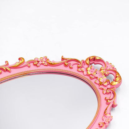 Tstarer 2PACK - Vintage Decorative Pink Framed Mirror, Wall Hanging Mirrors & Tabletop Tray for Bedroom Living Room Dresser Decor, Oval- 9.6" W x 14.3" L (PINK-2PACK)