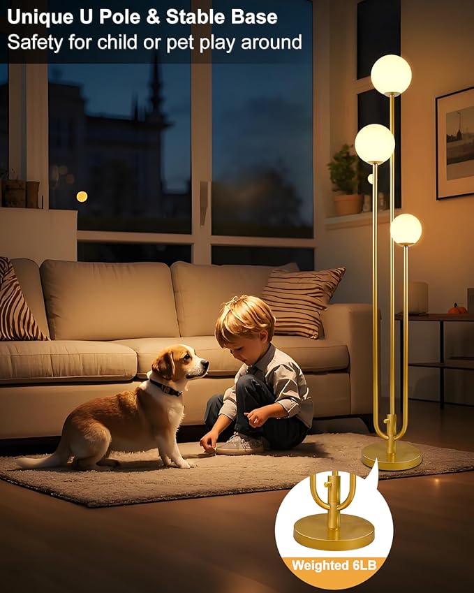 63IN 3-Light Dimmable Floor Lamp, Unique Gold Tall Standing Lamps with 3000K G9 Bulbs for Reading, Mid Century Modern Floor Lamp with 5Lbs Heavy Base for Living Room Bedroom Home Office