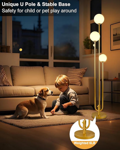 63IN 3-Light Dimmable Floor Lamp, Unique Gold Tall Standing Lamps with 3000K G9 Bulbs for Reading, Mid Century Modern Floor Lamp with 5Lbs Heavy Base for Living Room Bedroom Home Office