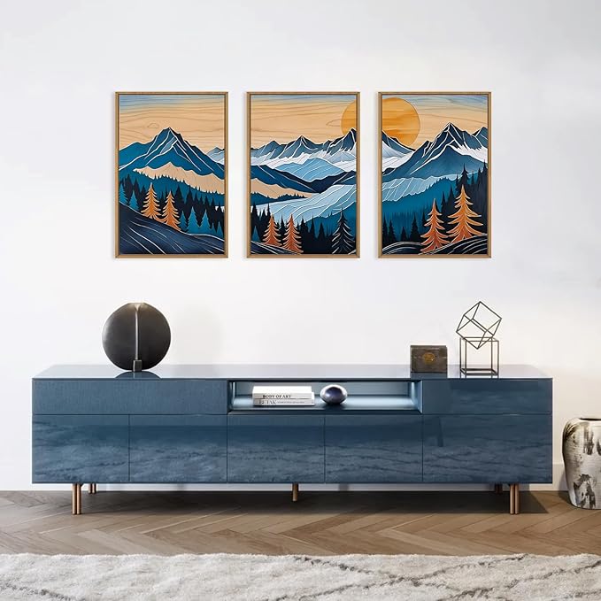 Celestdeco Boho Vintage Mountain Framed Canvas Wall Art Set, Blue Abstract Ridge Wall Decor, Woodcut Pine Tree Landscape Wall Painting, Sunrise Forest Art Print for Living Room, Bedroom, Office - 16"X24"X3