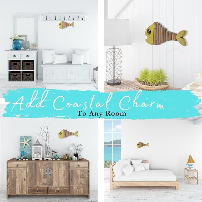 Driftwood Fish Nautical Wall Decor - Handmade Wooden Rustic Coastal Wall Art for Living Room, Bedroom, Office, Bathroom - Ocean Beach Decoration (Pixie)