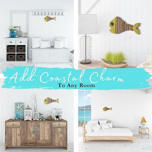 Driftwood Fish Nautical Wall Decor - Handmade Wooden Rustic Coastal Wall Art for Living Room, Bedroom, Office, Bathroom - Ocean Beach Decoration (Pixie)