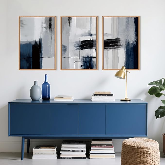 DRACIT Large Abstract Navy Blue Color Block Framed Canvas Print Wall Art Set,Gray White Modern Neutral Brush Strokes Wall Decor,Minimalist Blue Toned Geometric Line Artwork for Living Room,Bedroom-16"x24"x3