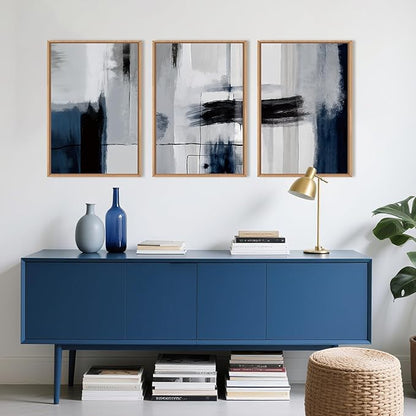 DRACIT Large Abstract Navy Blue Color Block Framed Canvas Print Wall Art Set,Gray White Modern Neutral Brush Strokes Wall Decor,Minimalist Blue Toned Geometric Line Artwork for Living Room,Bedroom-16"x24"x3