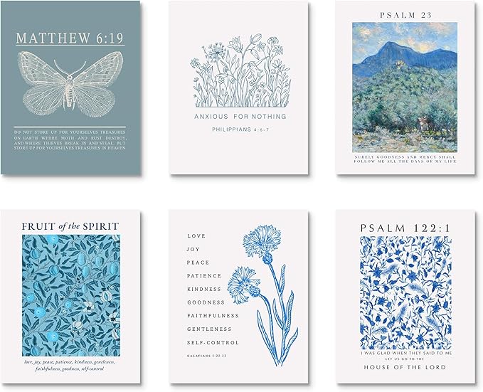Habseligkeit Blue Butterfly Wall Art Prints, Retro Flower Wall Decors for Room Aesthtic, Abstract Posters for Girls Bedroom Decor Aesthetic Unframed, 8X10in, Set of 6