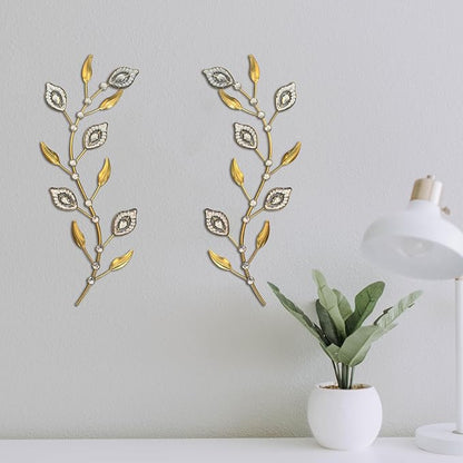 sxnzequnze 2 Sets Leaf Wall Art for Home Metal Bling Rhinestones Ready to Hang Tree Branch Leaves Olive Vine Wrought Iron Hanging Sculpture Pieces Wall Decor Pcs - 16.5in