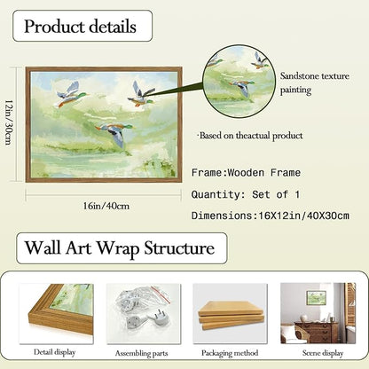 Vintage Mallard Duck Wall Art Cottagecore Flying Ducks Wall Decor Painting Rustic Bird Animal Landscape 3D Textured Hand Drawn Sandstone Artwork for Living Room Bedroom 12x16 inch Framed