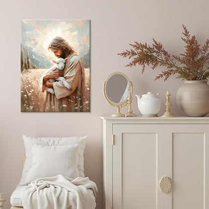 Jesus and Lamb Canvas Wall Art Christian Jesus the Good Shepherd Painting picture Wall Decor religion Bible Stories Poster print Artwork for Church LDS bedroom Living Home Decor 24x36in Canvas