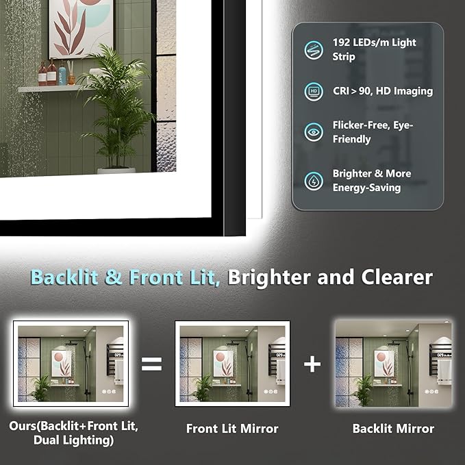 40x30 Black Framed LED Bathroom Mirror with Lights, Backlit and Front Lit Anti-Fog Lighted Vanity Mirrors for Bathroom Wall, Dimmable, 3 Colors, Memory, HD Tempered Glass, Horizontal/Vertical