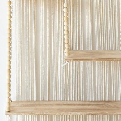 Macrame Wall Hanging Shelf Boho Wall Decor Home 2 Tier Hanger Shelves Braided with Tassels Shelves Organizer for Kitchen, Bedroom, Home Storage, Floating Plant Shelf (Wood)