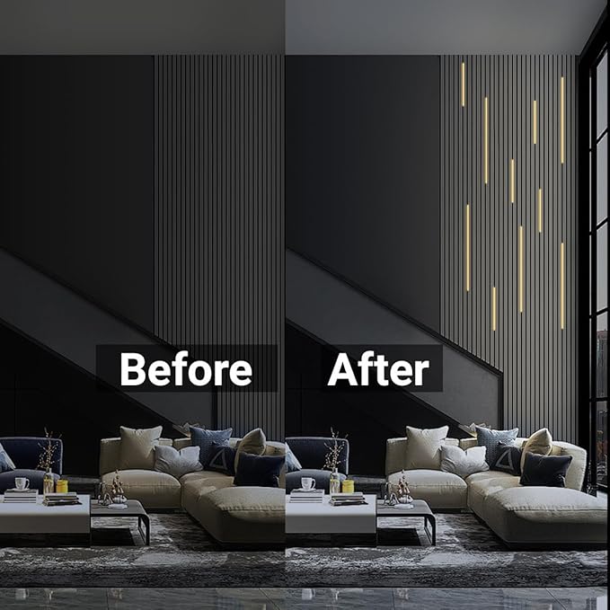 HAMRVL Black Wall Panel Lights - 10pcs 3000K Warm White Slat Wall Lights with Touch Control, Dimmable Self-Adhesive LED Recessed Lighting for Wood Slat Wall Panel, Media Wall, Bedroom, Living Room