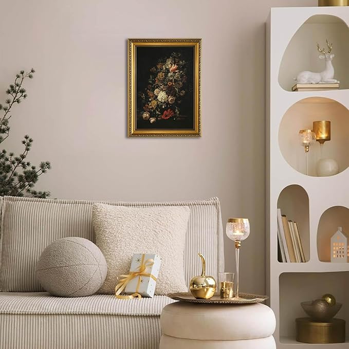 YD&YZY Gold Framed Vintage Wall Art Canvas Moody Flower Wall Decor Still Life Retro Dark Floral Aesthetic Art Painting Picture Print Artwork for Living Room Bedroom Home Decor 12x16 inch Framed