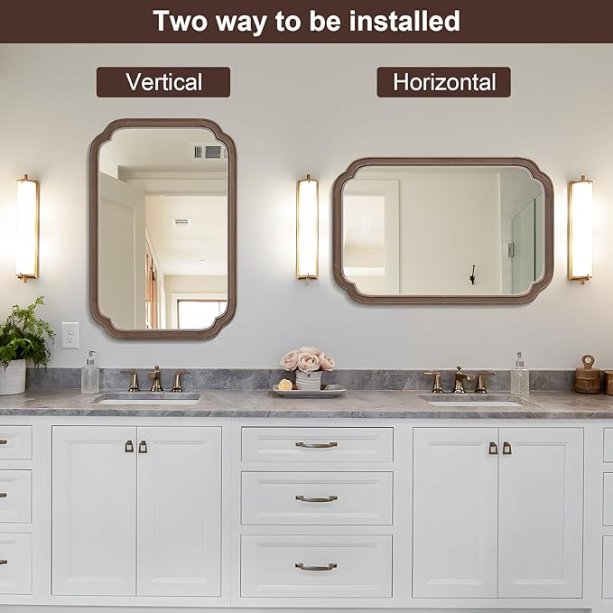 HOMECOOKIN Wood Bathroom Mirror for Wall Decor Arched Rounded Corner Rustic Wood Frame Wall Mirror Home Decorative for Vanity, Living Room, Bedroom, Entryway (20 x 30 inch, Walnut)