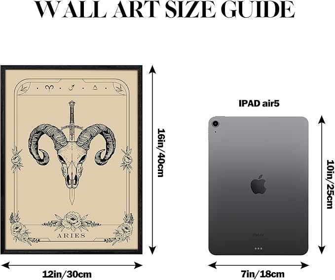 SERIMINO Witchy Framed Wall Art, Aries Tarot Canvas Prints Paintings, Horoscope Dark Academia Home Decor Aesthetic, 12X16inch Gothic Wall Decor for Room