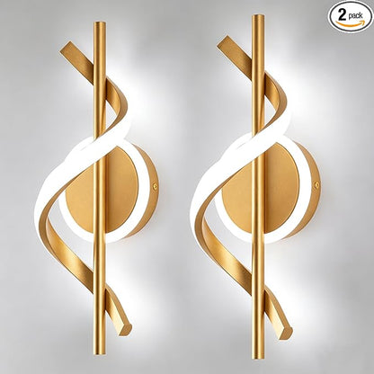 EIDISUNY 2 Pack LED Wall Sconces Indoor, 12W LED Wall Mount Lights, Modern Spiral Wall Lamp, 6000K Cold Light Fixture for Stairs, Living Room, Bedroom, Aisle, Hallway (Cold White, Gold)