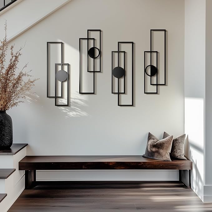 Abstract Black Metal Wall Art Set of 4, Large Modern Geometric Wall Decor with 3D Layered Design for Living Room, Bedroom, Bathroom, Hallway, Minimalist Wall Sculptures