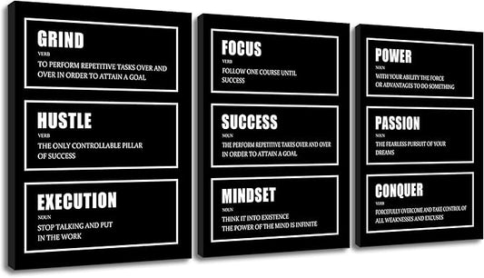 Hustle Success Passion Motivational Canvas Wall Art 3 Pieces Inspirational Painting Prints Entrepreneur Quotes Grind Posters Prints Black Wall Decor for Office Bedroom Workplace Framed [36''W X 16''H]
