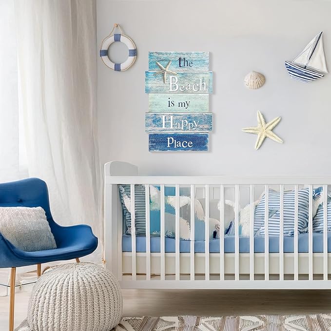 Coastal Wall Decor for Home, Beach Wall Art Wooden Hanging Sign with Starfish Element, Perfect Beach Themed Room Decor and Ocean Decor for Bathroom Bedroom Coastal Living Spaces 11.5" x 17"