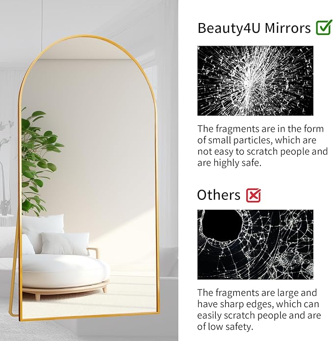 Beauty4U Arched Full Length Mirror 76" x 34", Gold Large Full Body Mirror with Stand, Floor Standing & Wall Mounted HD Tempered Glass Dressing Mirror for Bedroom, Living Room, Entryway