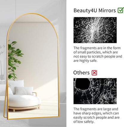 Beauty4U Arched Full Length Mirror 76" x 34", Gold Large Full Body Mirror with Stand, Floor Standing & Wall Mounted HD Tempered Glass Dressing Mirror for Bedroom, Living Room, Entryway