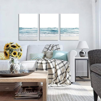 KESAIFEI 3 Piece Blue Waves Canvas Wall Art Set for Living Room Blue Wall Art, Beach Art Coastal Wave Paintings Wall Decor for Living Room, Bedroom, Bathroom, Office Ready to Hang 12x16 Inches.