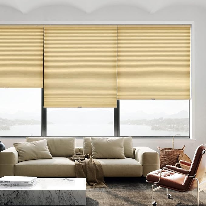 LazBlinds Cordless Cellular Shades, Light Filtering Honeycomb Shades for Home, Thermal Insulation Noise Reduction Blinds for Windows, 41'' W x 64'' H, Yellowish-Brown