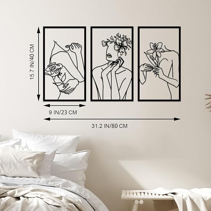 ESTART 3 Pieces Metal Minimalist Abstract Woman Wall Art Line Drawing Women Body Shape Wall Sculptures Single Line Female Flower Home Wall Art Decor for Bedroom Bathroom Living Room Kitchen