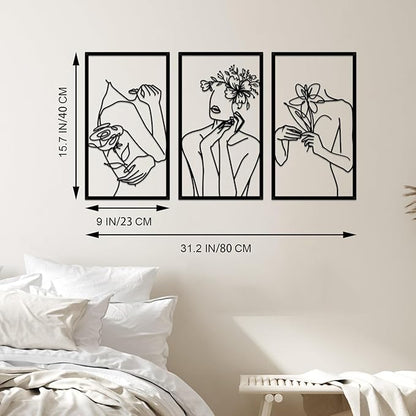 ESTART 3 Pieces Metal Minimalist Abstract Woman Wall Art Line Drawing Women Body Shape Wall Sculptures Single Line Female Flower Home Wall Art Decor for Bedroom Bathroom Living Room Kitchen