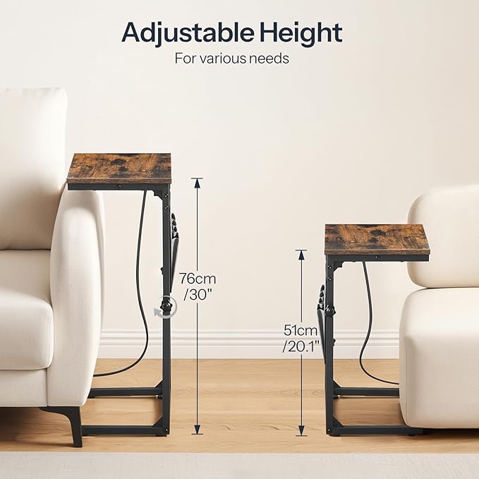 HOOBRO C Shaped End Tables with Charging Station, Set of 2, 30” Adjustable Height Sofa Side Tables, Slide Under Couch Tables for Sofa Arm Tray, for Living Room, Bedroom, Rustic Brown BF77USFP201