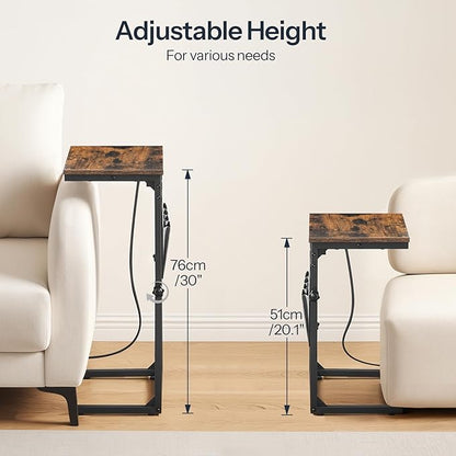 HOOBRO C Shaped End Tables with Charging Station, Set of 2, 30” Adjustable Height Sofa Side Tables, Slide Under Couch Tables for Sofa Arm Tray, for Living Room, Bedroom, Rustic Brown BF77USFP201
