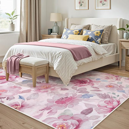 Lahome Floral Living Room Rug 5x7 Rug Machine Washable,Pink Rugs for Bedroom Girl Boho Area Rug Non Slip Vintage Low Pile Large Throw Carpet Rug for ‎Dining Room Office（5x7,Pink