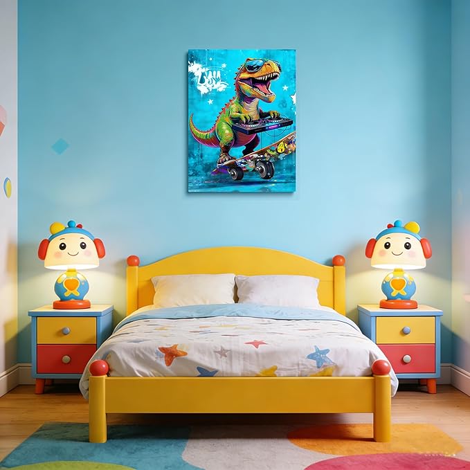 16x24 Graffiti Blue Skateboard T-Rex Dinosaur Canvas Wall Art Prints, Framed Watercolor Animal Pop Cool Painting, Funny Kids & Teen Boy Bedroom Decor, Home Bathroom Living Room Wall Poster Gift