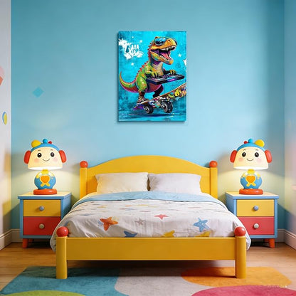 16x24 Graffiti Blue Skateboard T-Rex Dinosaur Canvas Wall Art Prints, Framed Watercolor Animal Pop Cool Painting, Funny Kids & Teen Boy Bedroom Decor, Home Bathroom Living Room Wall Poster Gift